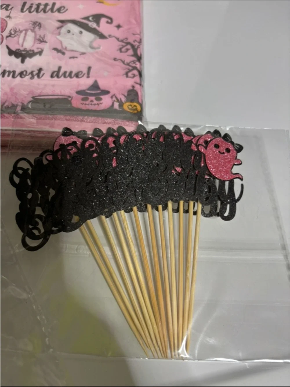 Pink Halloween 'A Little Boo Is Almost Due' Party Napkins & cake, toppers